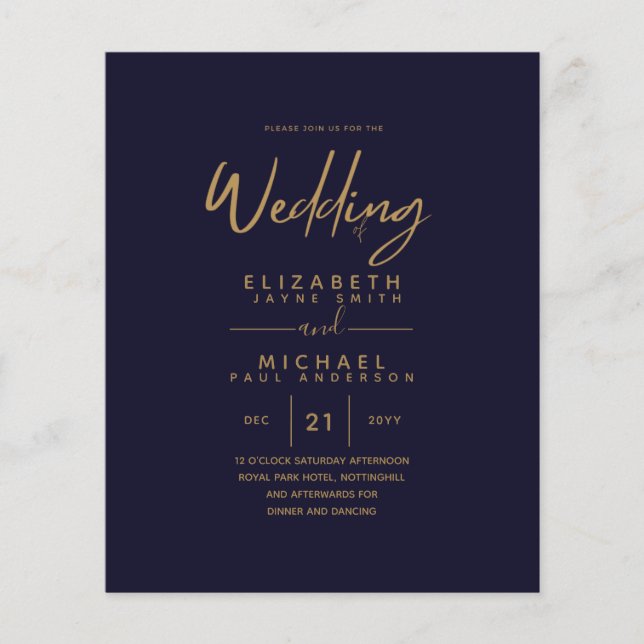 Lowest Budget Navy Blue Gold Simple Wedding Flyer (Front)