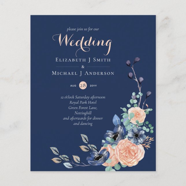 Lowest Budget Navy Coral Floral Wedding Flyer (Front)