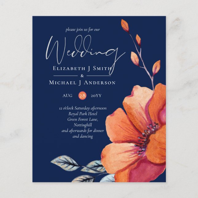 Lowest Budget Navy Orange Floral Wedding Flyer (Front)