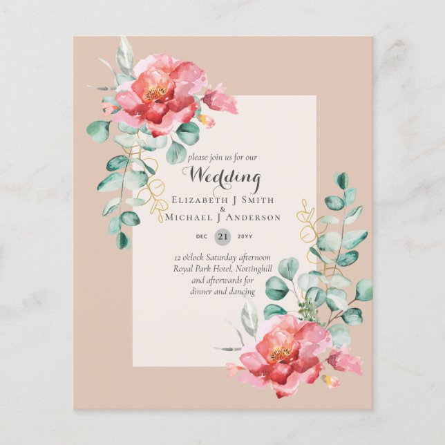 LOWEST BUDGET Red Floral Eucalyptus WEDDING Invite Flyer (Front)