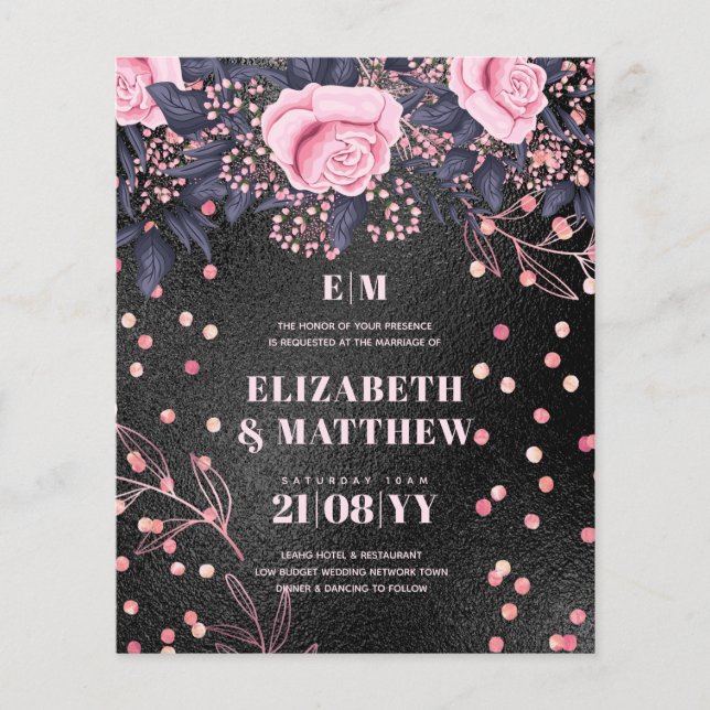 Lowest Budget Wedding FLYERS Black Pink Flowers (Front)