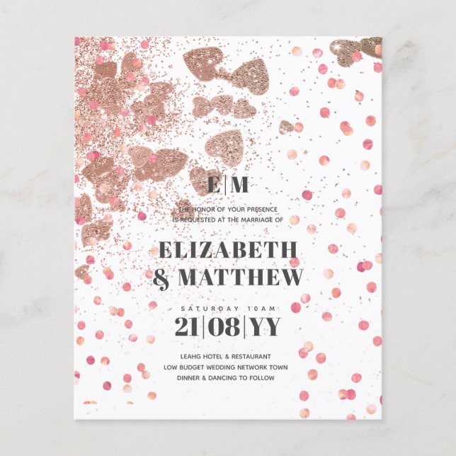 Lowest Budget Wedding FLYERS Rosegold Hearts (Front)