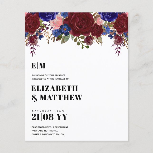 LOWEST PRICED Burgundy Blue Floral Wedding Flyer (Front)