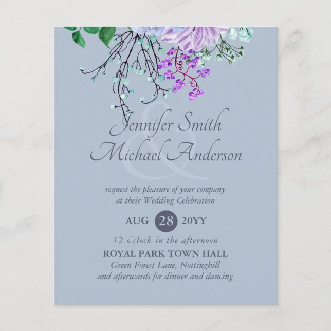 LOWEST PRICED Dusty Blue Purple Floral Wedding Flyer (Front)