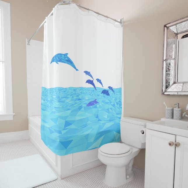 Lowpoly Dolphins Jumping out of Ocean Shower Curtain (In Situ)