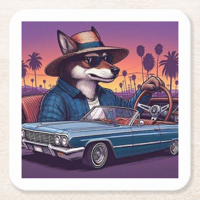 Lowrider Wolfy Square Paper Coaster (Front)