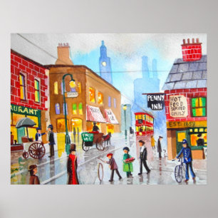Lowry inspired busy street scene painting tram poster
