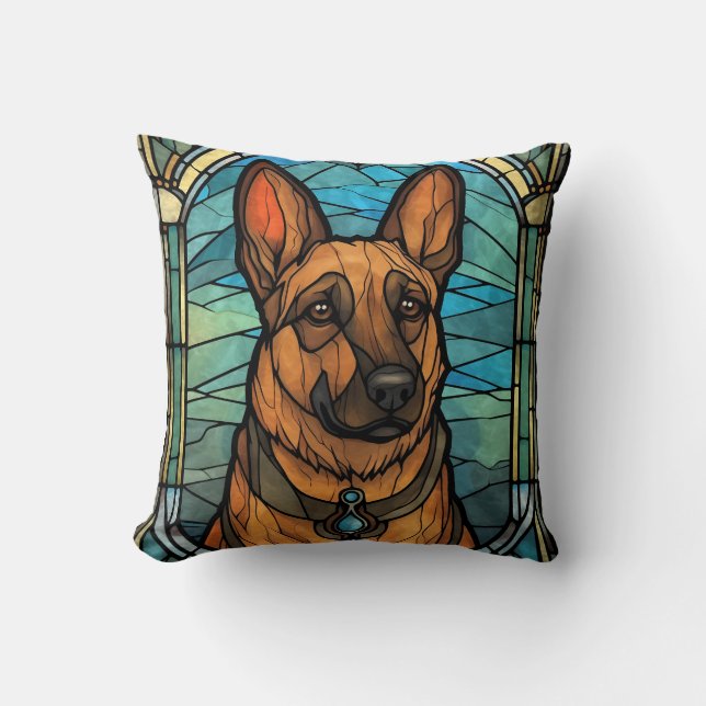 Loyal German Shepard Stained Glass Throw Pillow (Front)
