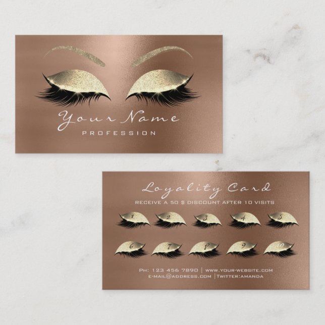 Loyalty Card 10 Makeup Lashes Extension Coffe Gold (Front/Back)