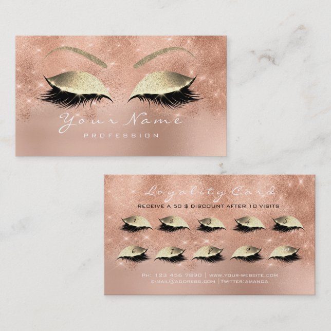 Loyalty Card 10 Makeup Lashes Rose Gold Glitter (Front/Back)