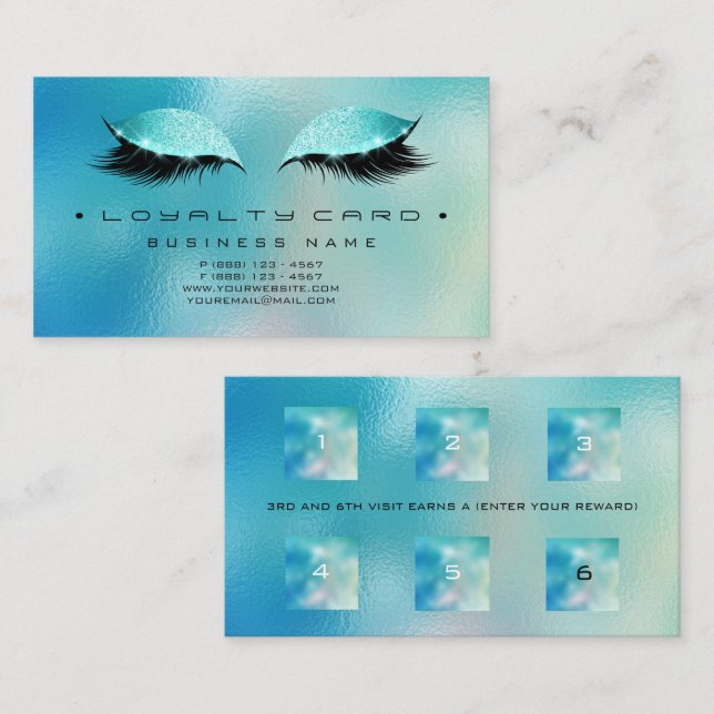 Loyalty Card 6 Beauty Salon Makeup Glass Blue (Front/Back)