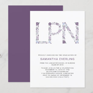 LPN graduation celebration, floral nurse purple Invitation