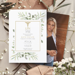 LPN Nurse Greenery Graduation Party Photo Invitation