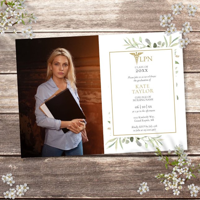 LPN Nursing Graduation Greenery Photo Invitation (LPN Nursing Graduation Greenery Photo Invitation)