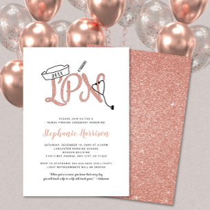 LPN pinning ceremony invitation, rose gold glitter Invitation