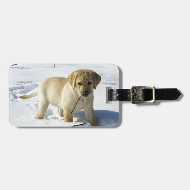 LR yellow lab puppy in snow Luggage Tag (Front Horizontal)