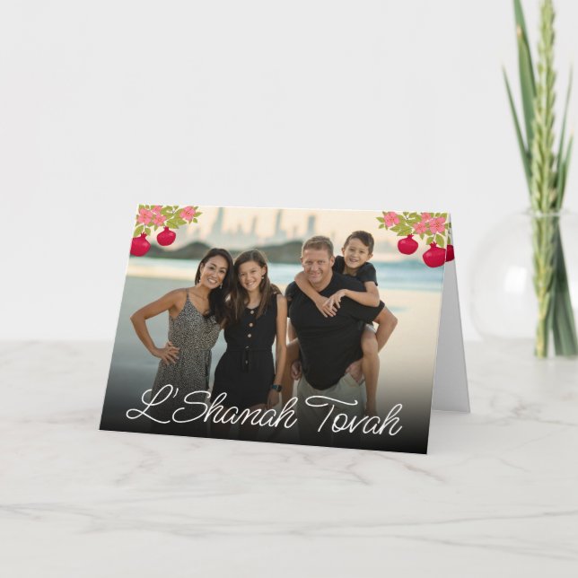 L'Shanah Tovah Script Photo Pomegranate Flower Card (Front)