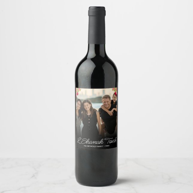 L'Shanah Tovah Script Photo Pomegranate Flower Wine Label (Front)