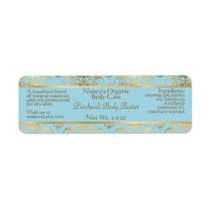 Lt blue and gold damask soap and cosmetics label return address label