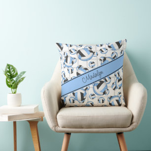 Lt blue black girly volleyballs pattern net accent cushion