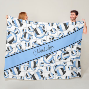 Lt blue black girly volleyballs pattern net accent fleece blanket