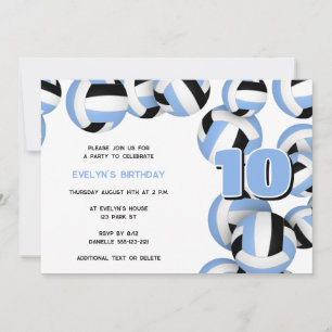 lt blue black volleyball boys girls birthday party invitation
