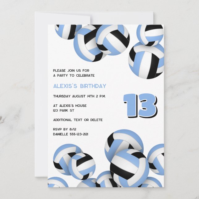 lt blue black volleyballs birthday or team party invitation (Front)
