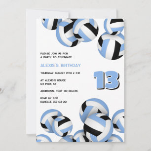 lt blue black volleyballs birthday or team party invitation