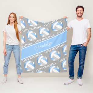 lt blue gray I love volleyball text pattern Fleece Blanket