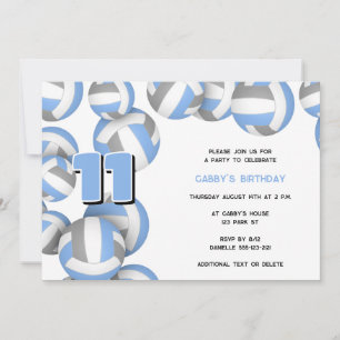 lt blue grey volleyball boys girls birthday party invitation
