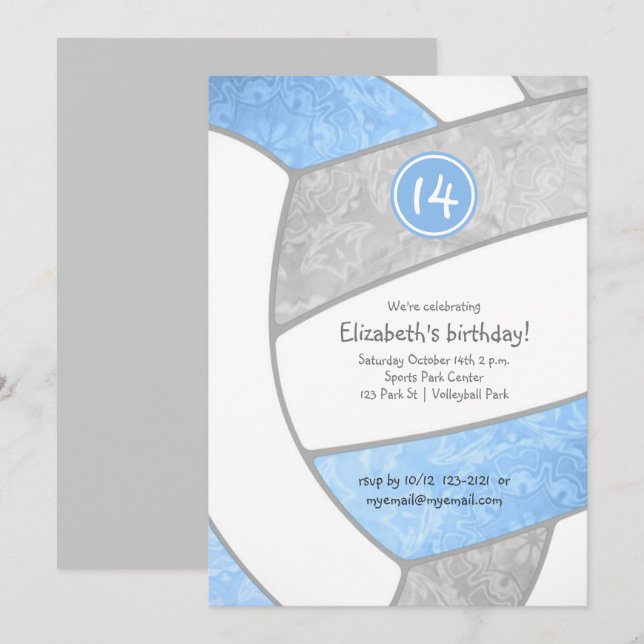 lt blue grey volleyball girls sports celebration invitation (Front/Back)