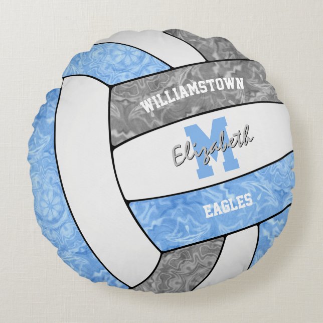 lt blue grey volleyball team colours girls sports round cushion (Front)