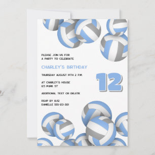 lt blue grey volleyballs birthday or team party invitation