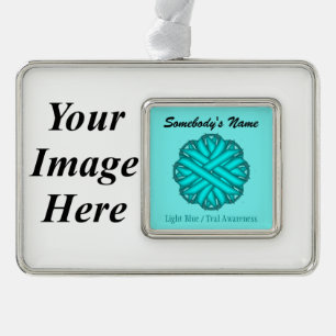 Lt Blue/Teal Flower Ribbon Tmpl (H-I) by K Yoncich Silver Plated Framed Ornament