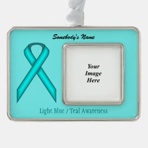 Lt Blue/Teal Standard Ribbon Tmpl(H-O)by K Yoncich Silver Plated Framed Ornament