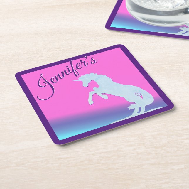 Lt. Blue Unicorn Silhouette (rainbow) Square Paper Coaster (Angled)