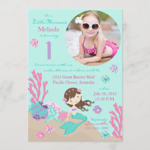 Lt. Brunette Mermaid First Birthday Invitation