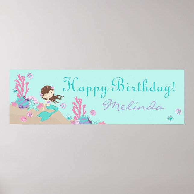Lt. Bruntte Mermaid Birthday Banner Poster (Front)