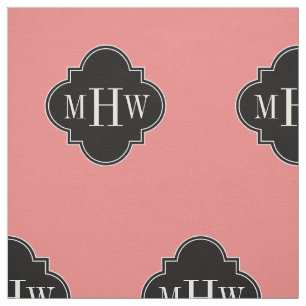Lt Coral Solid Colour Black Quatrefoil Monogram Fabric