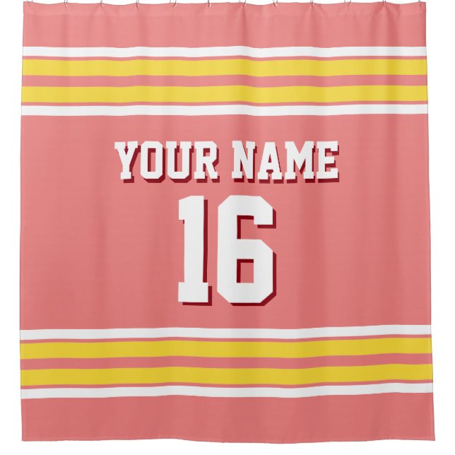 Lt Coral with Yellow White Stripes Sports Jersey Shower Curtain (Front)