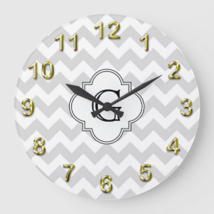 Lt Gray White Chevron White Quatrefoil Monogram Large Clock