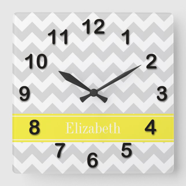 Lt Gray Wht Chevron Yellow Name Monogram Square Wall Clock (Front)