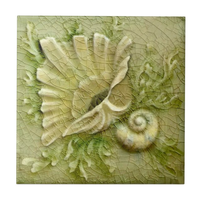 Lt Green Seashells AET Antique Repro Faux Relief Ceramic Tile (Front)