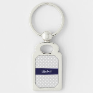 Lt Grey and White Polka Dots Navy Name Monogram Key Ring