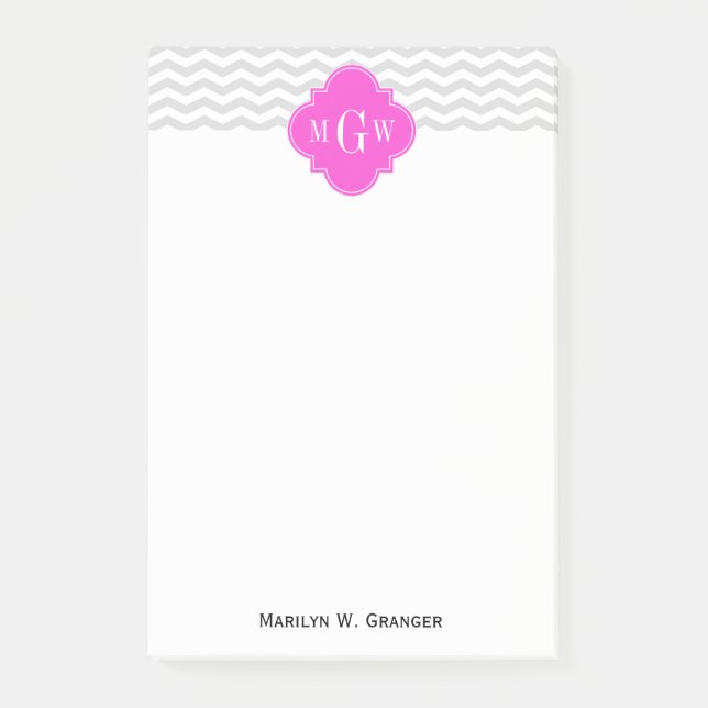 Lt Grey Chevron Hot Pink Quatrefoil 3 Monogram Tn Post-it Notes (Front)