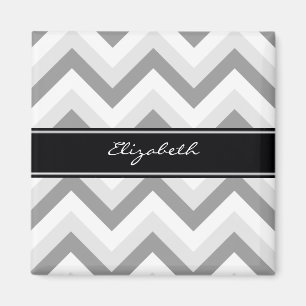 Lt Grey Med Grey White Chevron Black Name Monogram Magnet