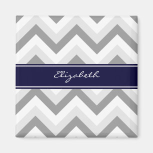 Lt Grey Med Grey White Chevron Navy Name Monogram Magnet