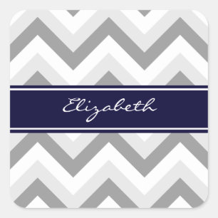 Lt Grey Med Grey White Chevron Navy Name Monogram Square Sticker