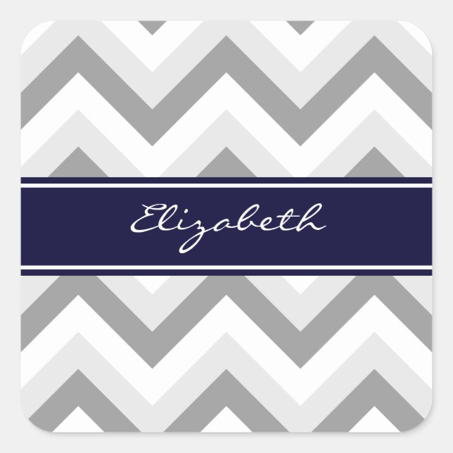 Lt Grey Med Grey White Chevron Navy Name Monogram Square Sticker (Front)