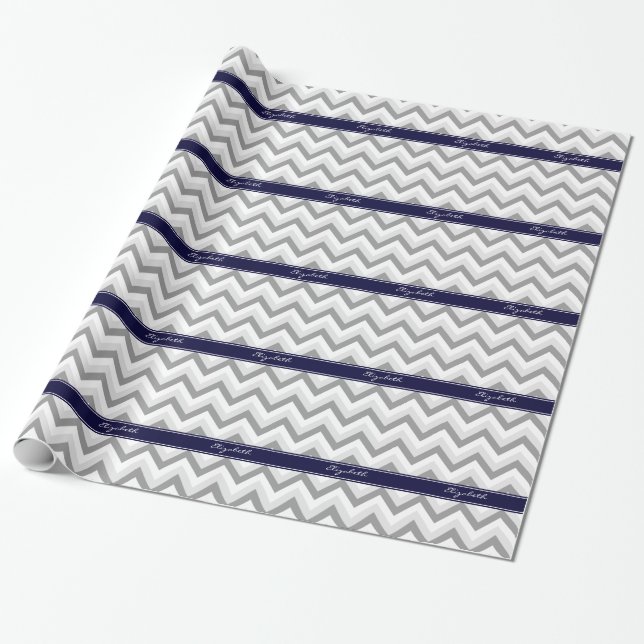 Lt Grey Med Grey White Chevron Navy Name Monogram Wrapping Paper (Unrolled)